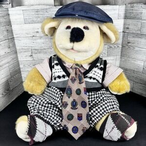 Linda Novick All Stuffed Up Bear. The Golfer Bear. 1991 Gold Silk Trimming 17 In